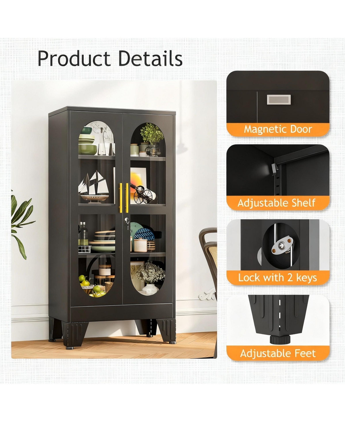 Yigii Elegant Glass Door Cabinet with Locking Mechanism and Adjustable Shelves for Home Decor