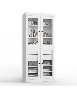 100% Solid Wood 32" Bathroom Storage Cabinet with Clear Glass Doors, 2-Drawers & Adjustable Shelves