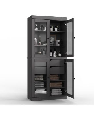 100% Solid Wood 32" Bathroom Storage Cabinet with Clear Glass Doors, 2-Drawers & Adjustable Shelves