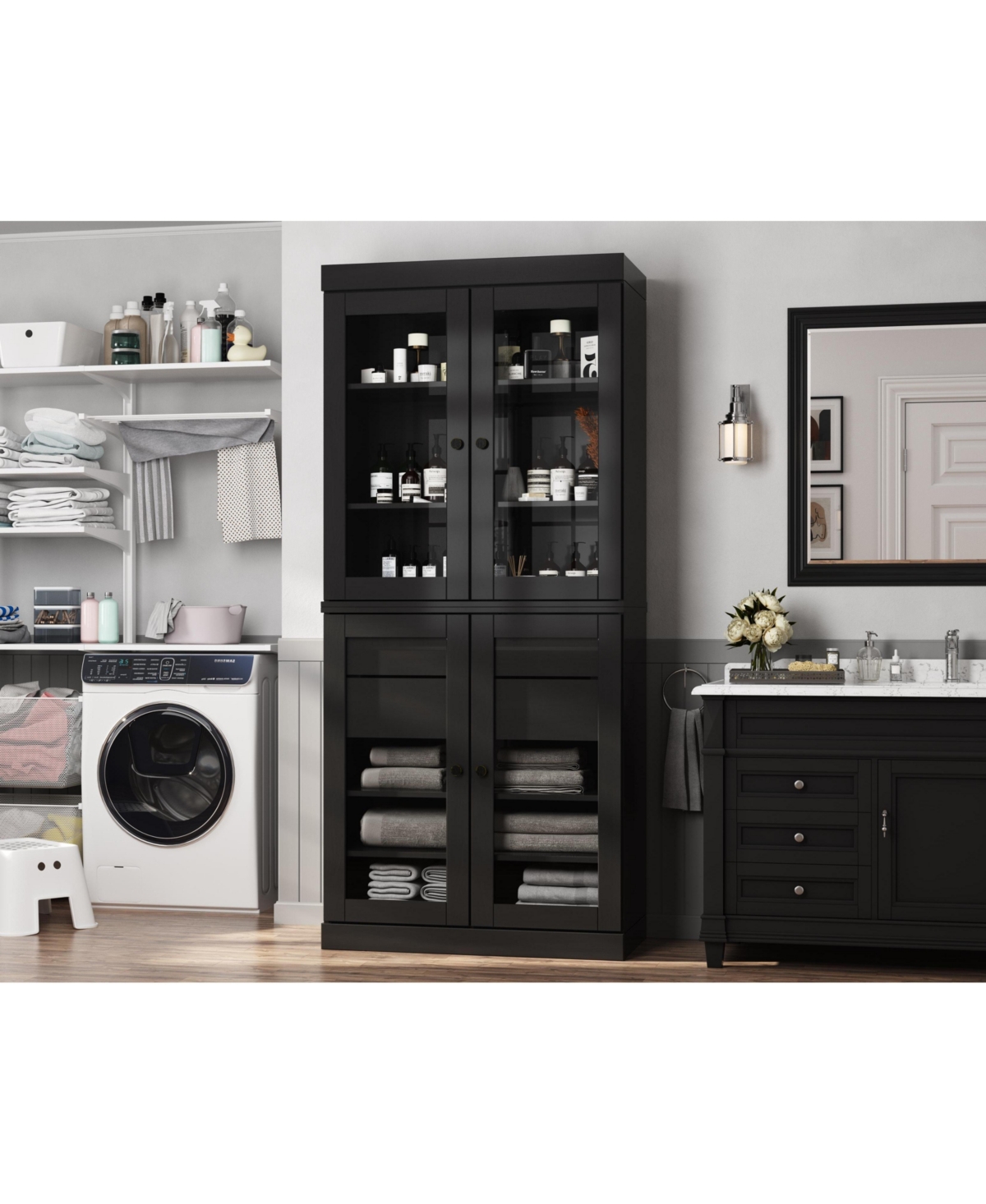 Palace Imports 100% Solid Wood 32" Bathroom Storage Cabinet with Clear Glass Doors, 2-Drawers & Adjustable Shelves