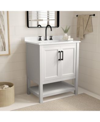 Vigo Bathroom Vanity with Ceramic Sink, Carrara Marble Finish Countertop, Storage Cabinet with Soft Close Doors and Open Shelf