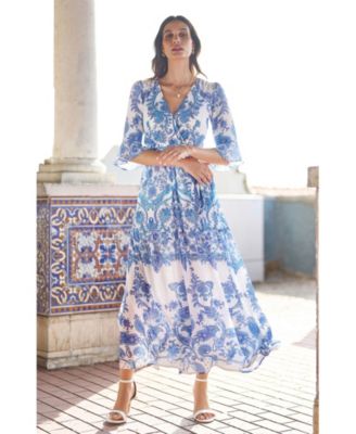 Women's 3/4 Sleeves Paisley Wrap Midi Dress