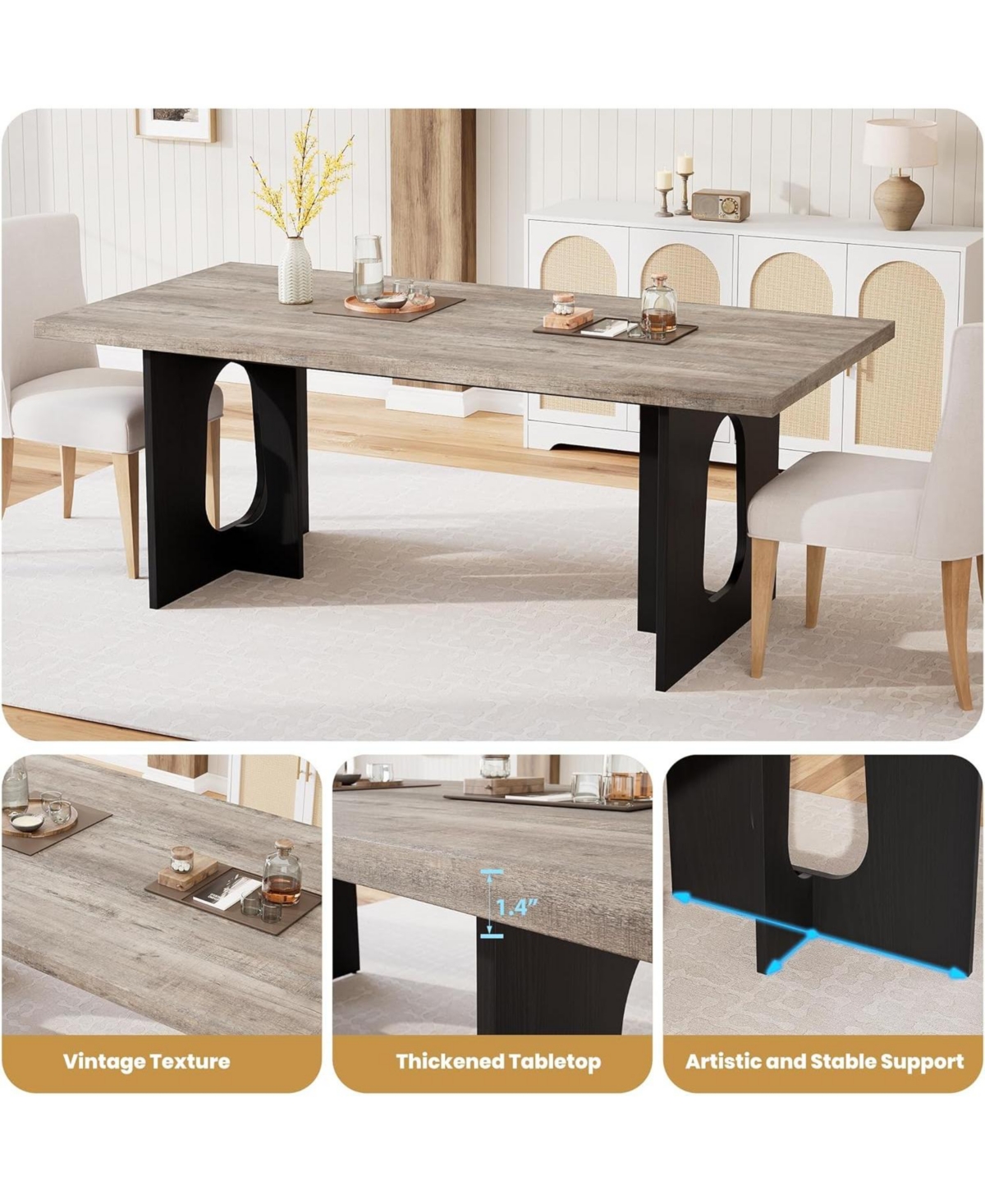 gaomon 71" Long Dining Table for 6-10 People - Farmhouse Kitchen with Extra Thick Tabletop & Heavy-Duty Metal Legs, Sturdy Rectangular