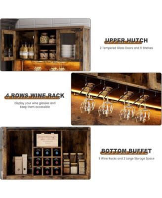 Farmhouse 72" Coffee Bar Cabinet with LED Light & Power Outlet Large Kitchen Hutch with 3 Drawers & Wine Glass Rack Tall Wine Cabinet