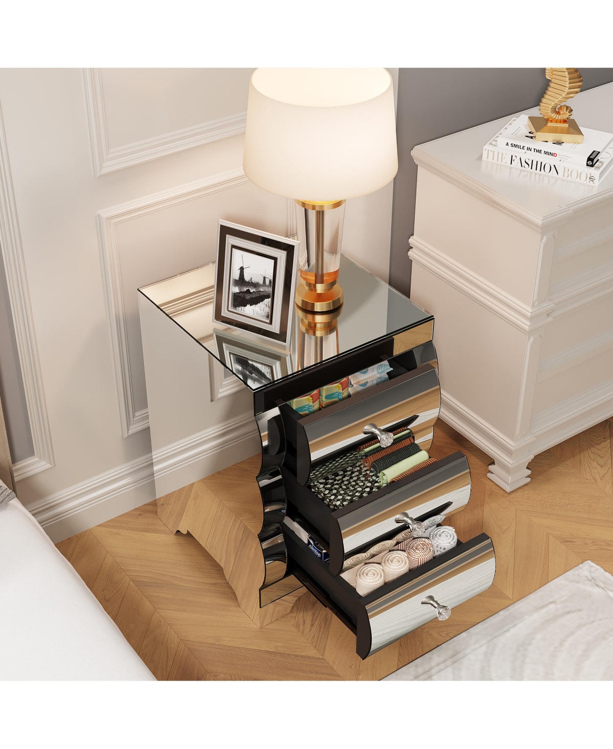 Rainsken Mirrored Nightstand, Glass Bedside Table with 3 Wave Drawers, Modern End Table for Bedroom, Living Room, Home Office