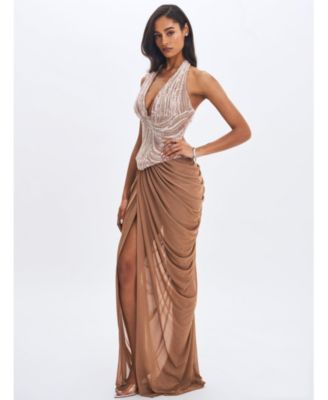 Women's Nancie Apricot Beaded Halter Peplum Pleated Maxi Dress