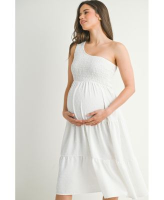 Maternity One-Shoulder Smocked Swiss Dot Midi Dress