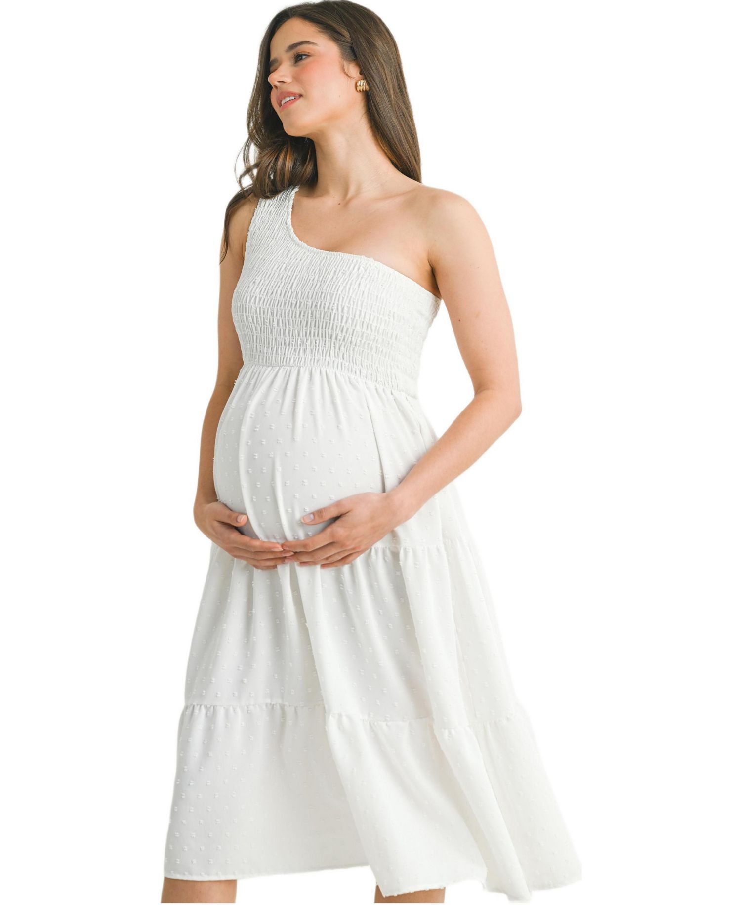 Women's One-Shoulder Smocked Swiss Dot Midi Dress