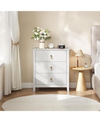 2Pcs Fluted Nightstand, 27.5" Wide Bedside Table with 3 Large Storage Drawers, Modern Night Stand with Metal Handle, Wooden End Table, White