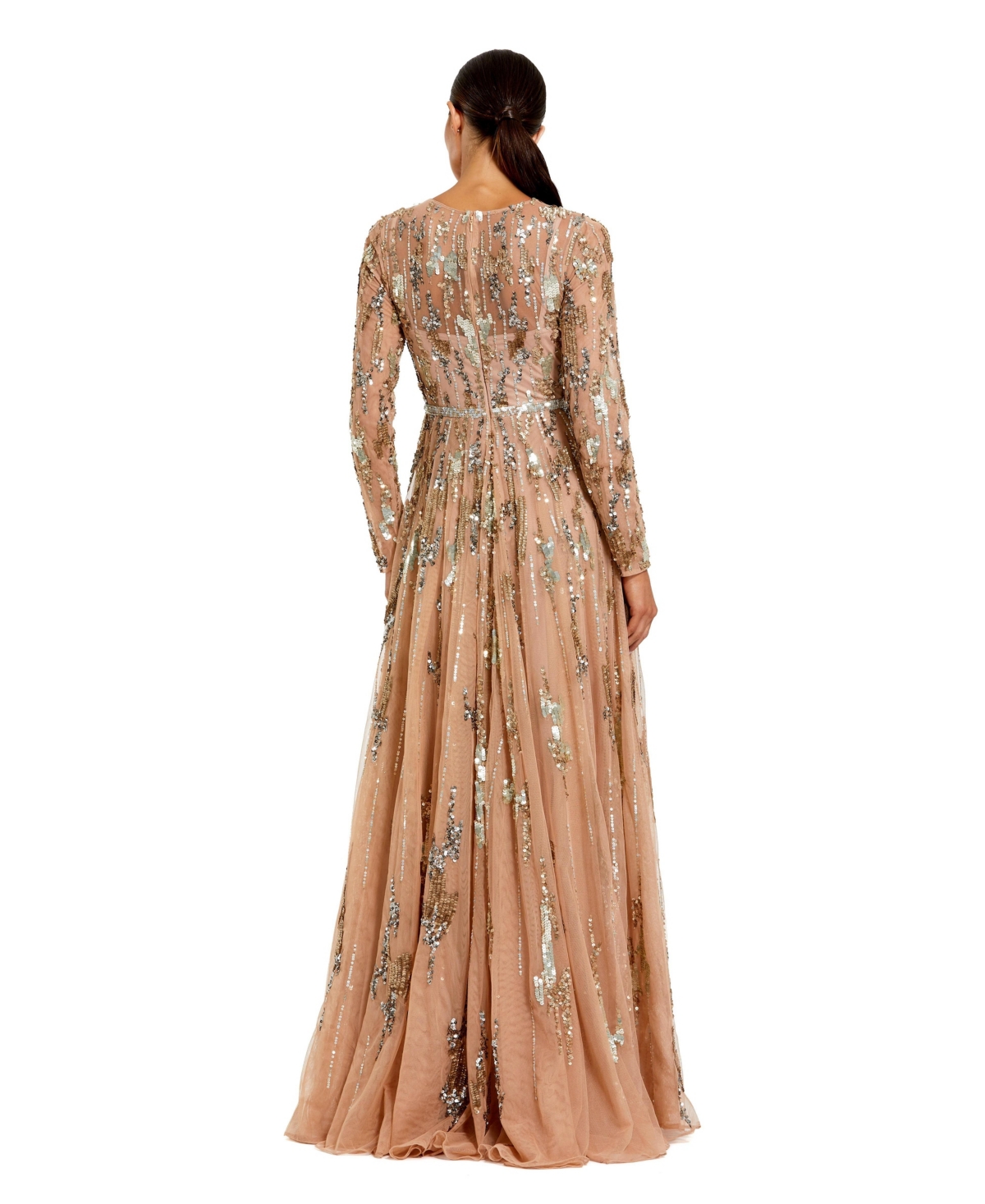 Mac Duggal Women's Long Sleeve Mesh Embellished Evening Gown