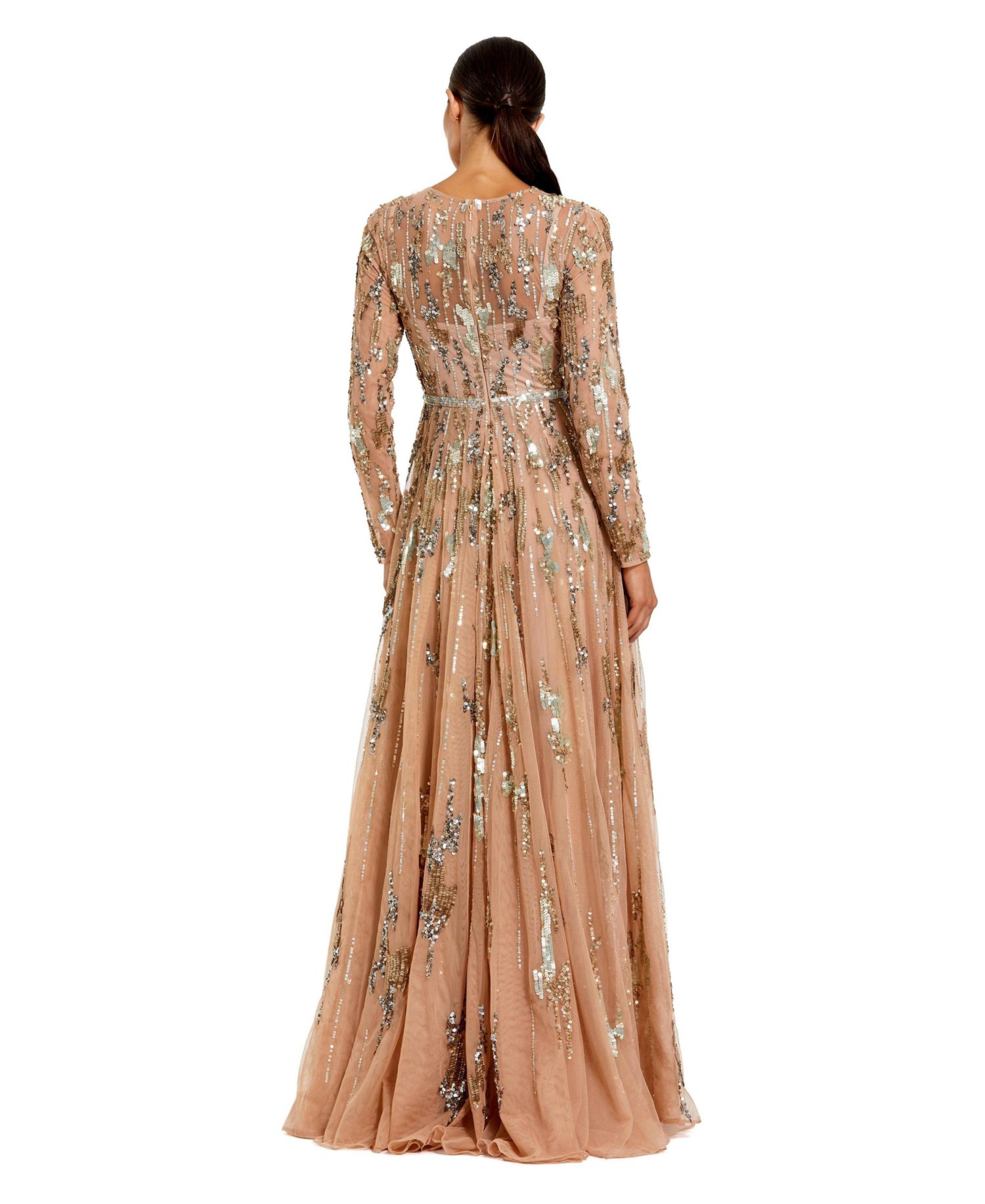 Women's Long Sleeve Mesh Embellished Evening Gown