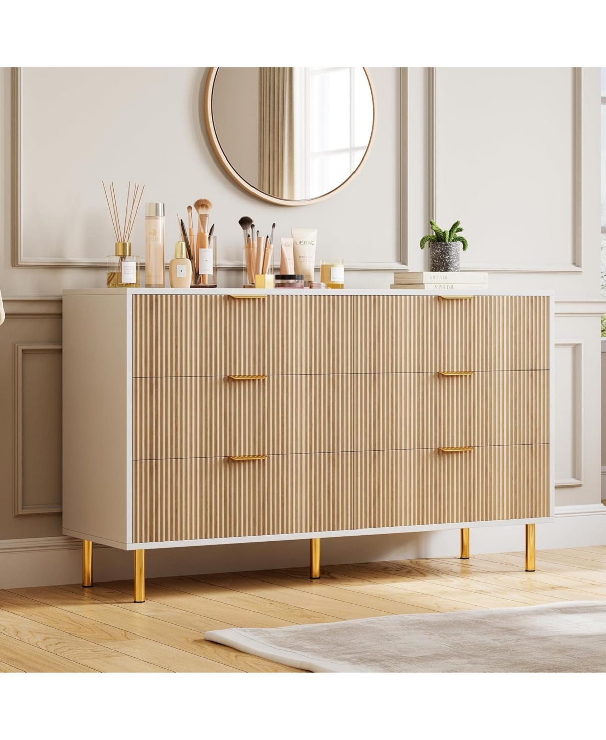 Gaomon Natural Dresser, Modern 6 Drawer Dresser for Bedroom with Gold Handle and Large Drawer, Wood Double Chest of Drawers and Storage Organizer