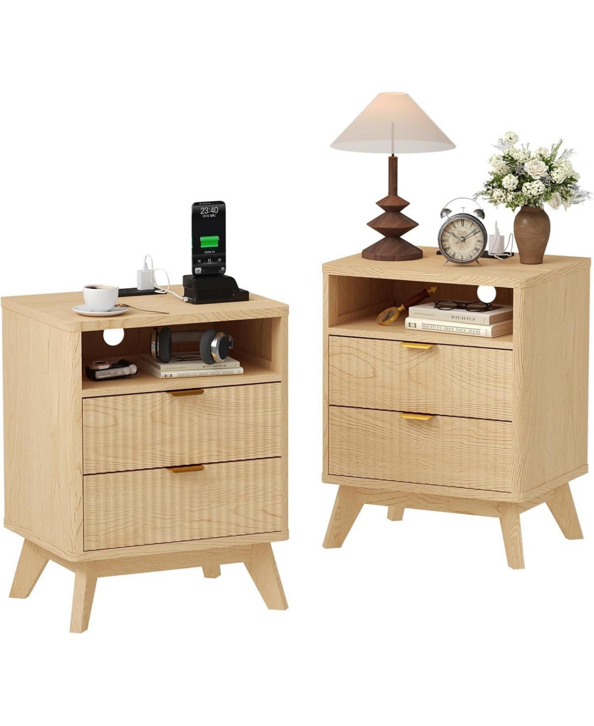 gaomon Modern Fluted Night Stand, Nightstand with Usb Charging Station, Two Drawer Filing Cabinet with Shelf