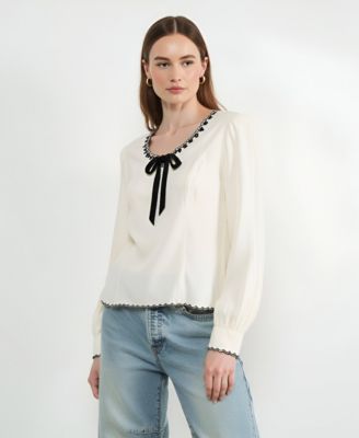 Women's Embroidered Blouse with Velvet Bow and Scalloped Hem