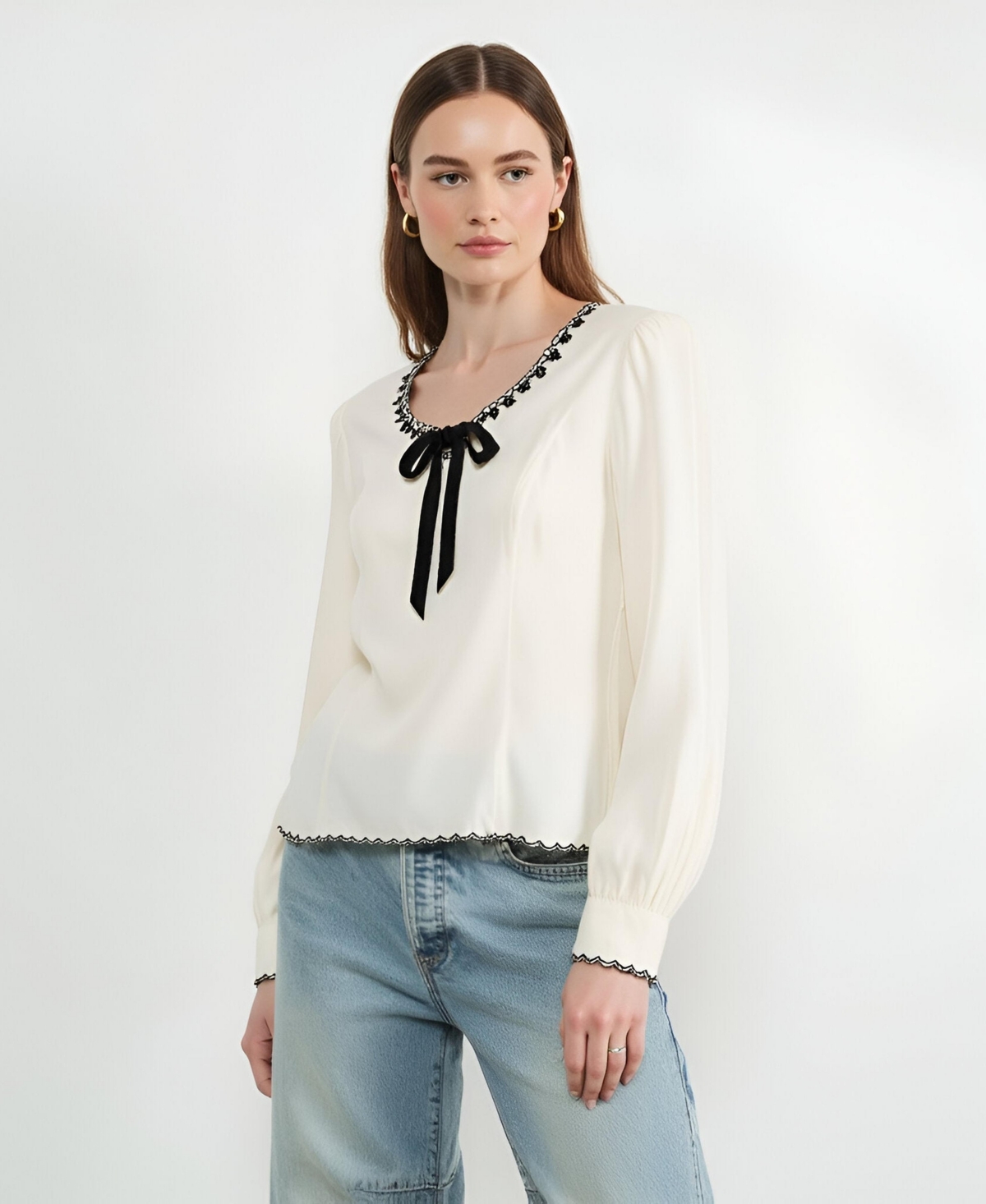 Draft - Modenaire Women's Embroidered Blouse with Velvet Bow and Scalloped Hem