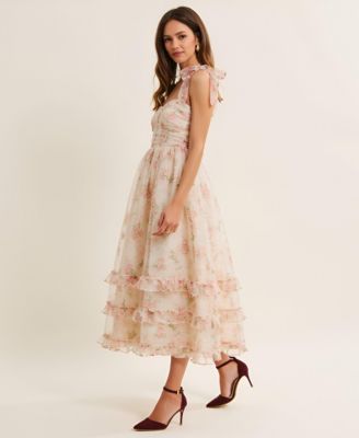 Women's Floral Tiered Ruched Bodice Tie-Shoulder Midi Dress