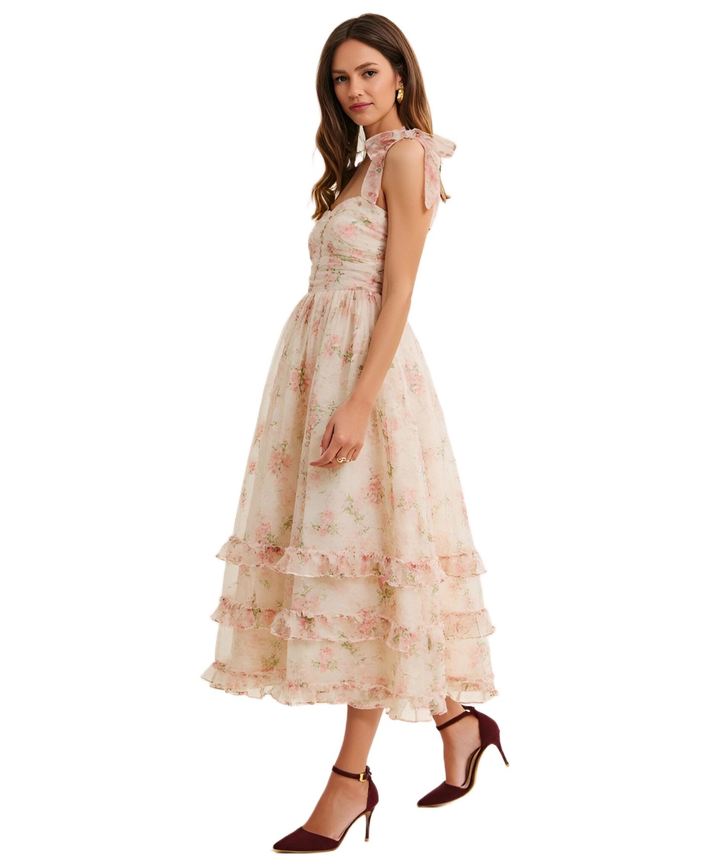 Женское платье Modenaire Floral Tiered Ruched Bodice Tie-Shoulder Midi, цвет: Кремовый розовый с принтом — фото 3