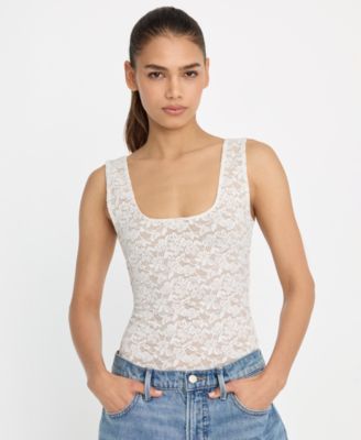 Women's Stretch Lace Scoop Neck Tank Bodysuit, Regular & Plus Size