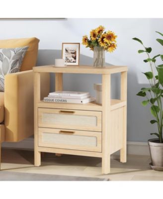 Rattan Nightstands Set of 2, Large Nightstands with Drawers and Storage Shelf, Farmhouse Bedside Table, Wood