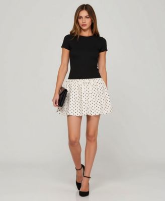 Women's Fitted Knit Bodice Polka Dot Bubble Skirt Dress