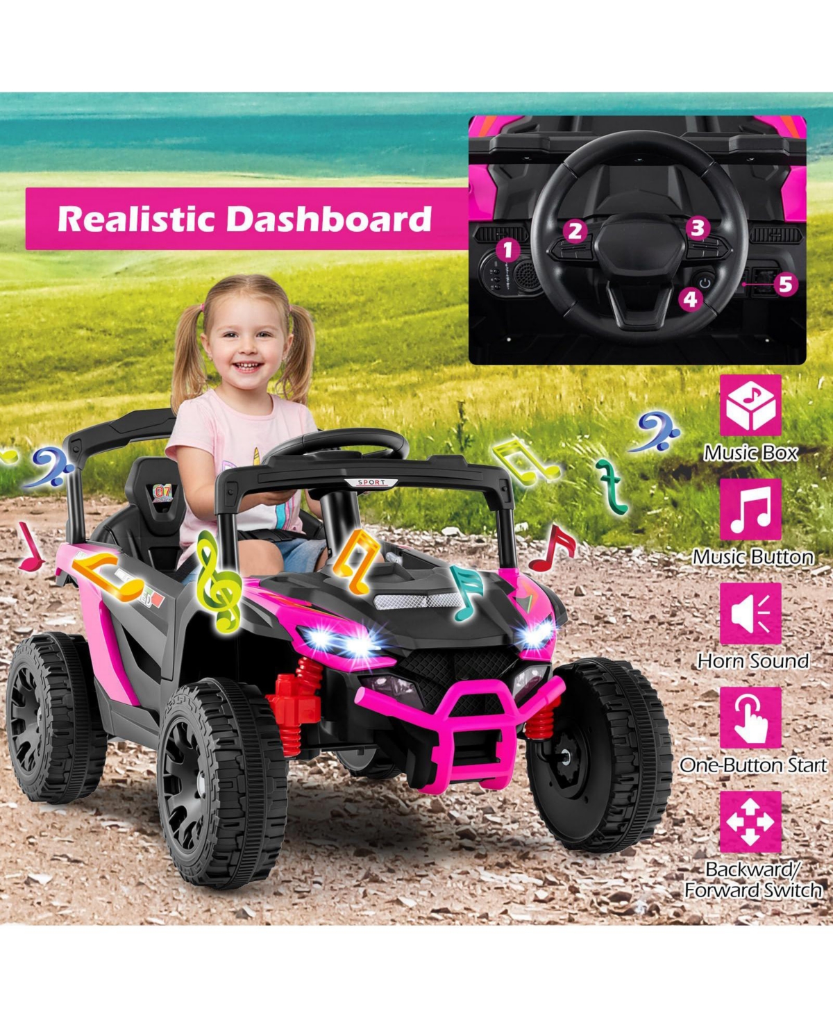 Draft - Mecale 12V Kids Ride On Car Utv Electric Vehicle with Led Lights Music and Horn-Hot