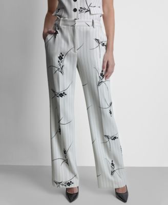 Women's Pinstripe Floral Mid-Rise Flared Pants