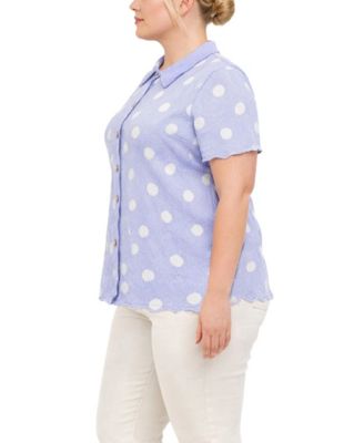 Plus Size Polka Dot Crinkle Knit Button Short-Sleeve Button Shirt