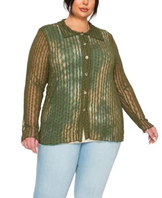 Plus Size Vertical Floral Stripe Lace Button Front Shirt