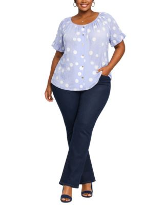 Plus Size Polka Dot Crinkle Knit Button-Front Ruffle Sleeve Top