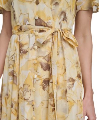 Women's Flutter-Sleeve Floral Print Midi Dress