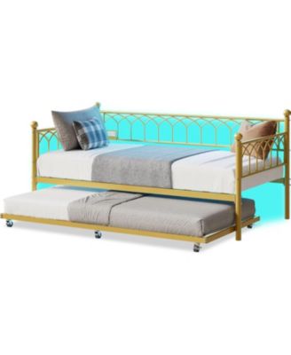 Twin Daybed with Pull-Out Trundle, LED Lights & Charging Station, Metal Sofa Bed,