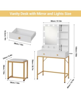 “Vanity Desk with Mirror, Lights, Chair & Charging Station – Adjustable Lighting Makeup Set”