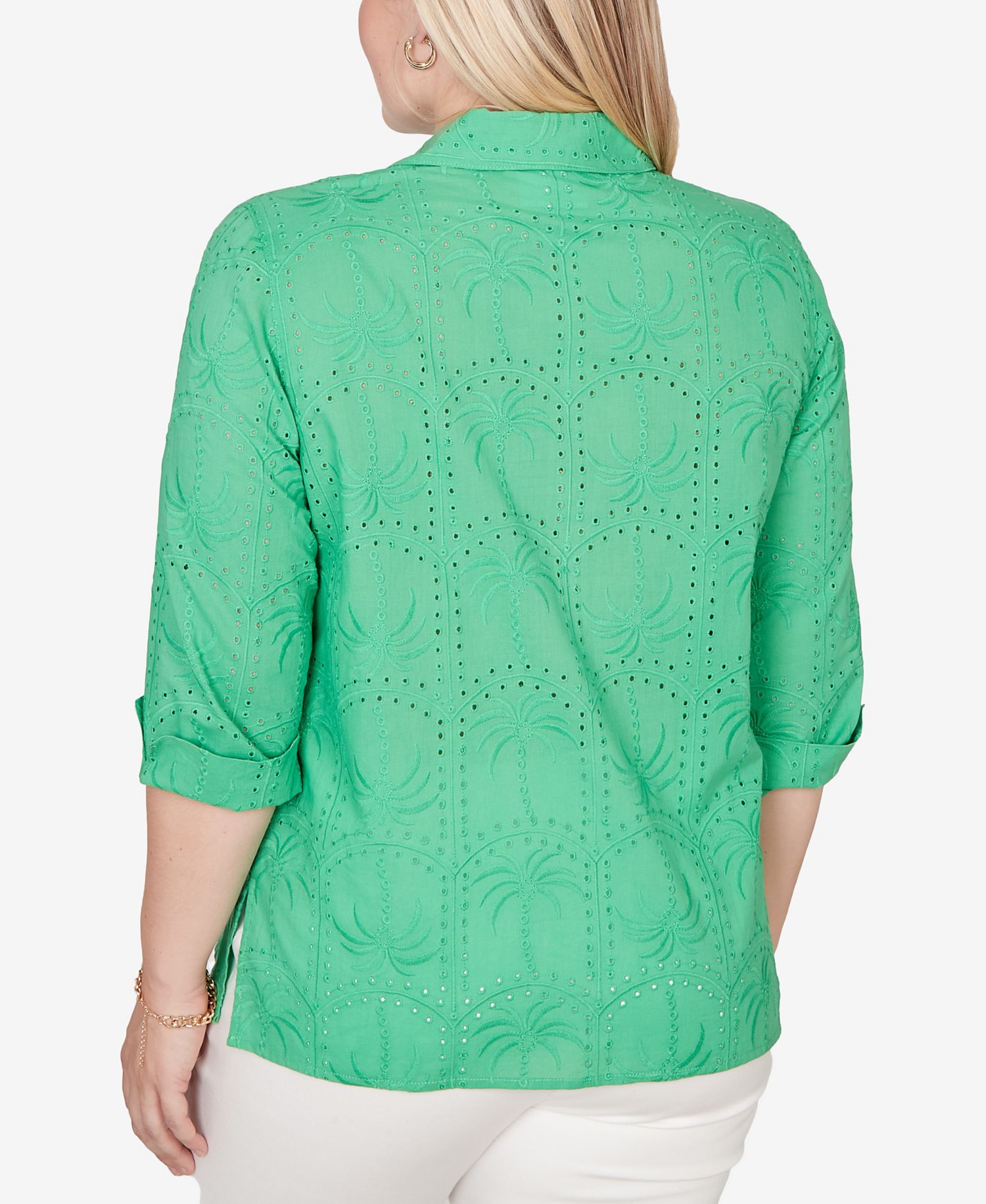 Petite Resort Living Eyelet Palm Tree Button-Front Top