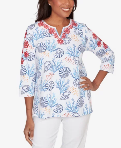 Petite Port Side Shell Print Embroidered Top - Blue Multi