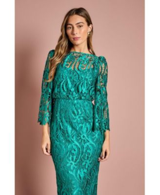 Women's Satin Lace Boat Neck Midi Dress