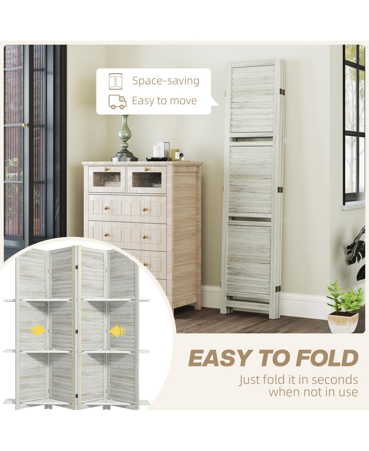 Homcom 4 Panel Privacy Screen, Room Divider with 3 Shelves