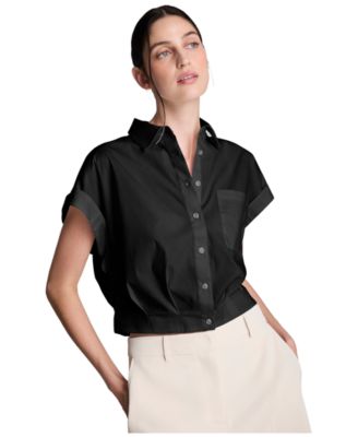 Women's Button Front Collared Cropped Shirt
