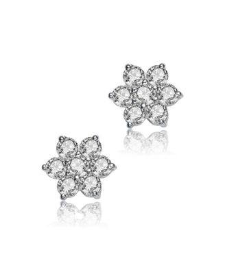 Dainty Sterling Silver Round CZ Flower Stud Earrings