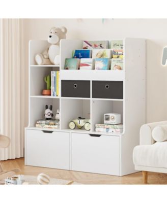 Kids Bookshelf with Drawers – Modern Wooden Toy Storage Organizer and Bookcase with Cubbies