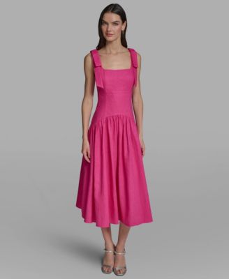 Women's Sleeveless Bow Strap Square Neck Midi Dress