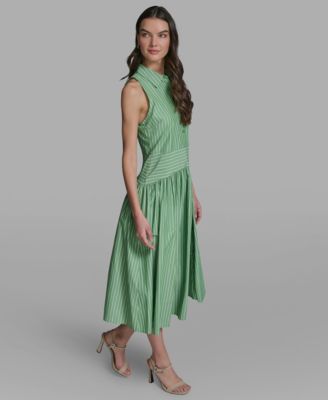 Women's Stripe Shirting Button-Down Sleeveless Midi Shirtdress