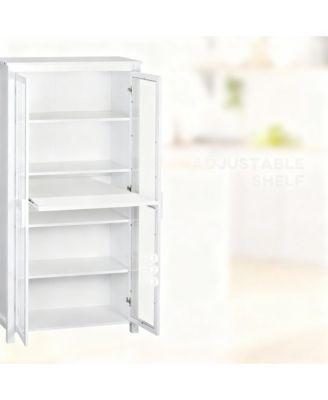 White 63" Kitchen Pantry Cabinet with 2 Glass Doors & 2 Adjustable Shelves