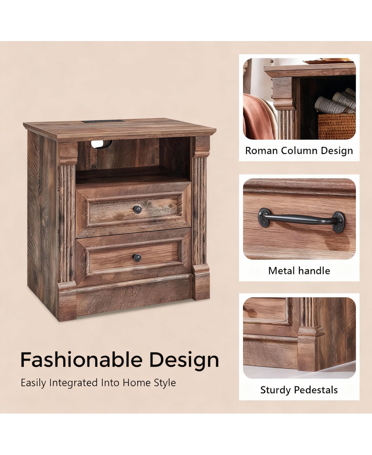 Yigii Farmhouse Nightstand with Charging Station and Storage