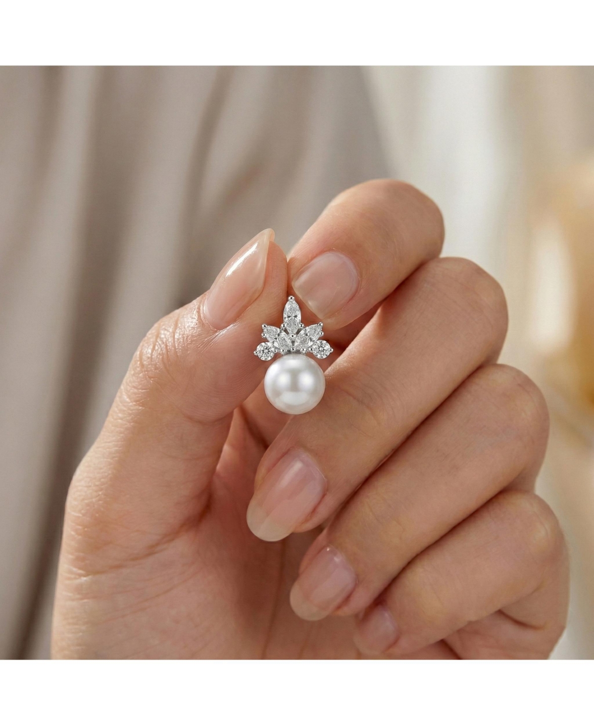 Genevive Elegant Fresh Water Pearl Marquise Earrings in Sterling Silver White Gold Plating with Cubic Zirconia