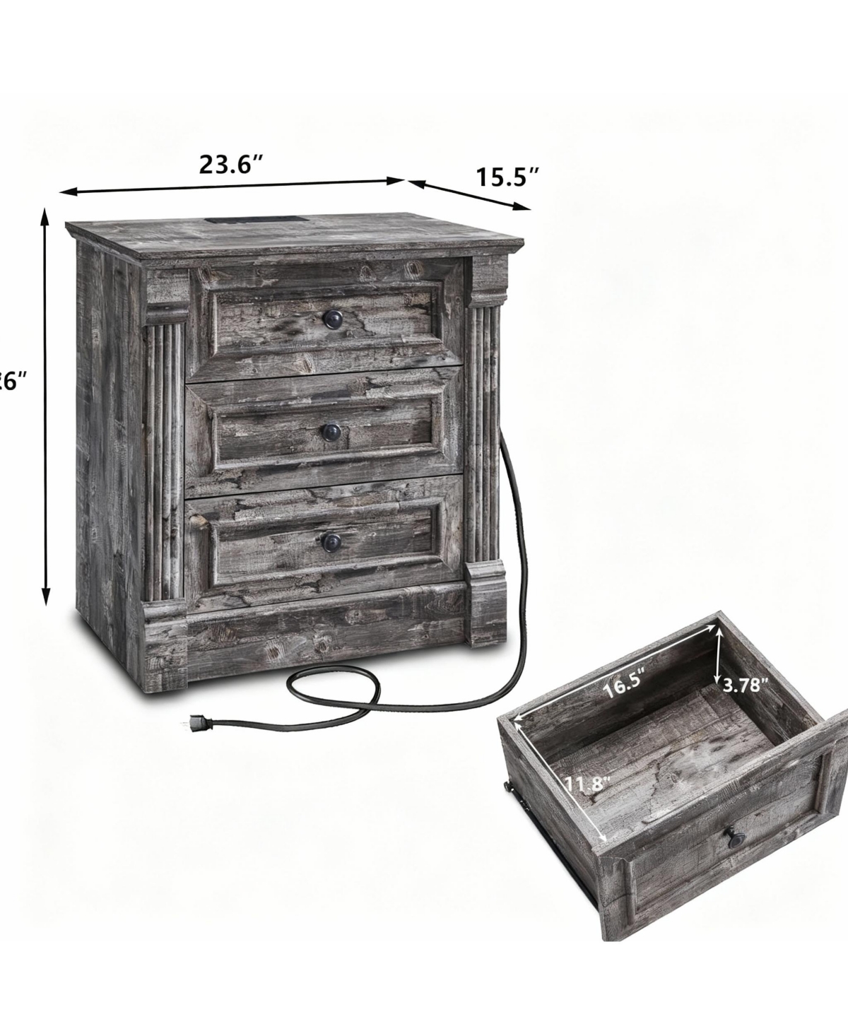 Yigii Farmhouse Nightstand with Charging Station and Roman Columns