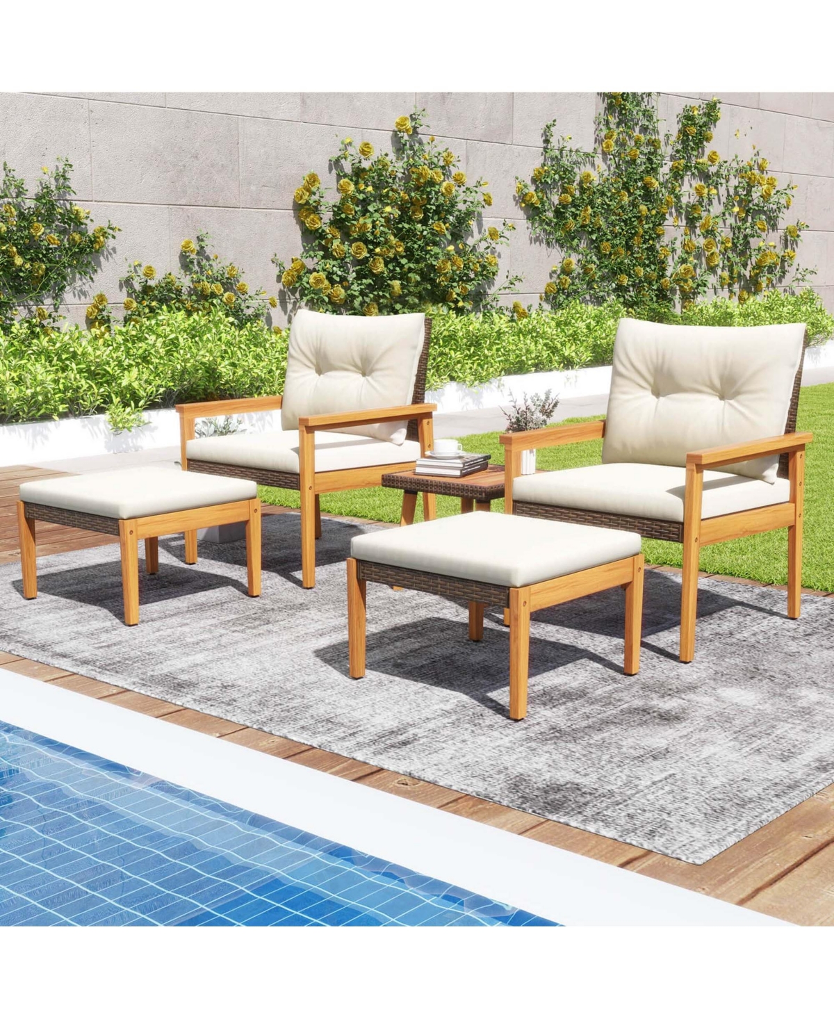 Costway 5 Pcs Rattan Furniture Set Wood Frame Chairs & Ottomans with Square Coffee Table