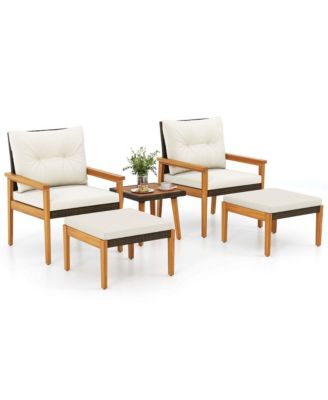 5 PCS Rattan Furniture Set Wood Frame Chairs & Ottomans with Square Coffee Table