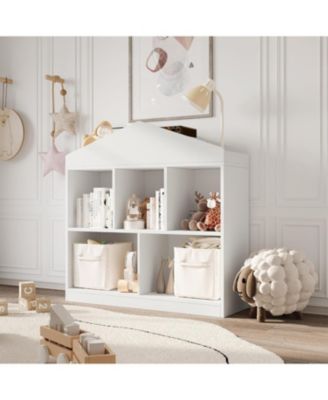 5-Cubby Kids Bookshelf – White Wooden Toy Storage Organizer, Toddler Bookcase and Playhouse Cabinet Shelf for Playroom, Nursery