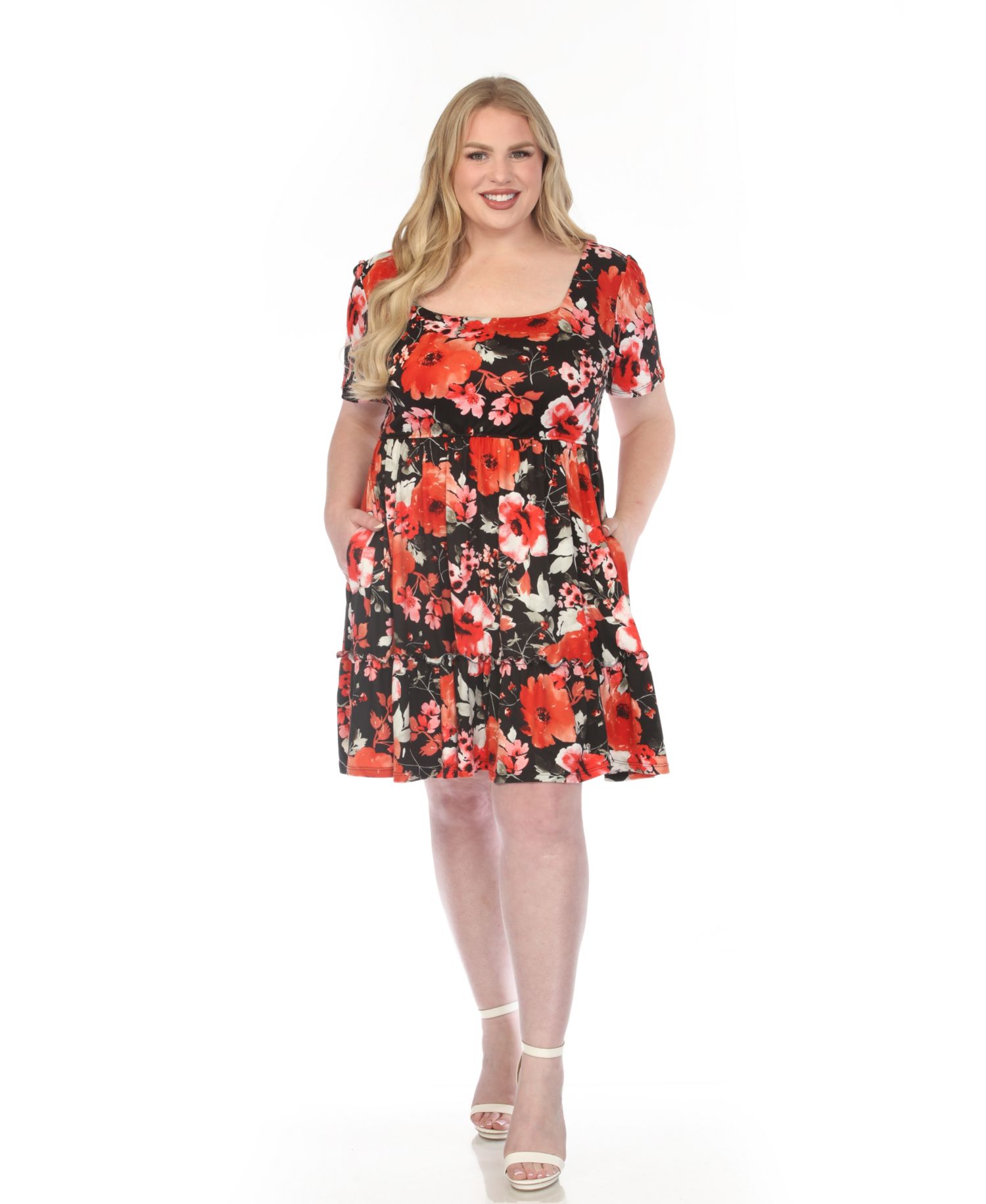 Plus Size Square Neck Short-Sleeve Floral Dress