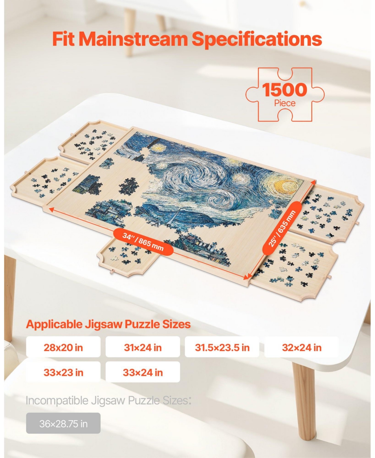 Sugift 1500-Piece Rotating Puzzle Board 34"x25" with Drawers and Cover